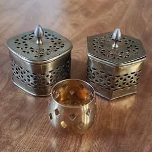 Vintage Brass Potpourri Boxes & Candle Holder